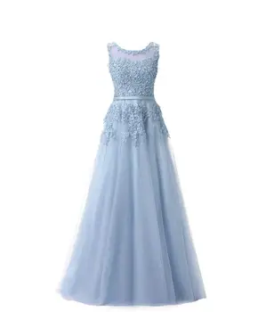 

2020 Prom Dresses Scoop Pearls Flower Appliques Long Formal Evening Party Dress for Women Sleevelss Tulle Graduation Gown