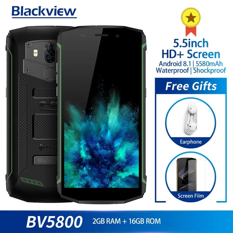 Ударопрочный смартфон Blackview BV5800 NFC OTG IP68 экран 5 дюйма 4G LTE 2 Гб 16 MT6739 5580 мАч на базе