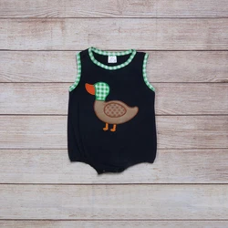 Barboteuse d'été à carreaux sans manches pour garçon, bleu marine, vert, motif de canard sauvage brodé, barboteuse pour enfant en bas âge 