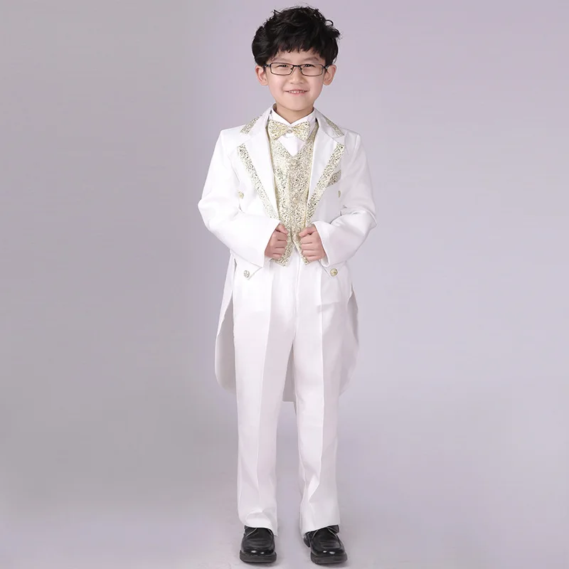 

White Patchwork Silver Gold Clothes Sets Boys 5PCS/SET Children Costume Formal Party Blazers Pants Bow Tie Vest Clothing Suits