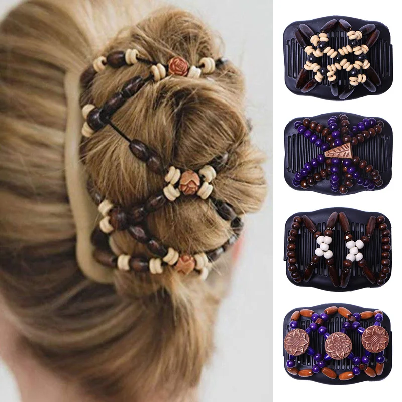 1pc Vintage Natural Wood Double Beaded Elastic Hairpin Hair Comb Beaded Hair Comb Clip Beads Pin Ladies Hair Accessories multifunctional meridian comb sandalwood comb massage comb wood carving 괄사 도구 расческа для волос