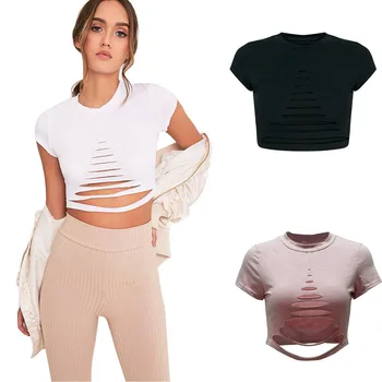 

-With Holes Short T-shirt Crew Neck Navel Short Sleeve Base Tops Women's Tshirt Streetwear Womens Clothing