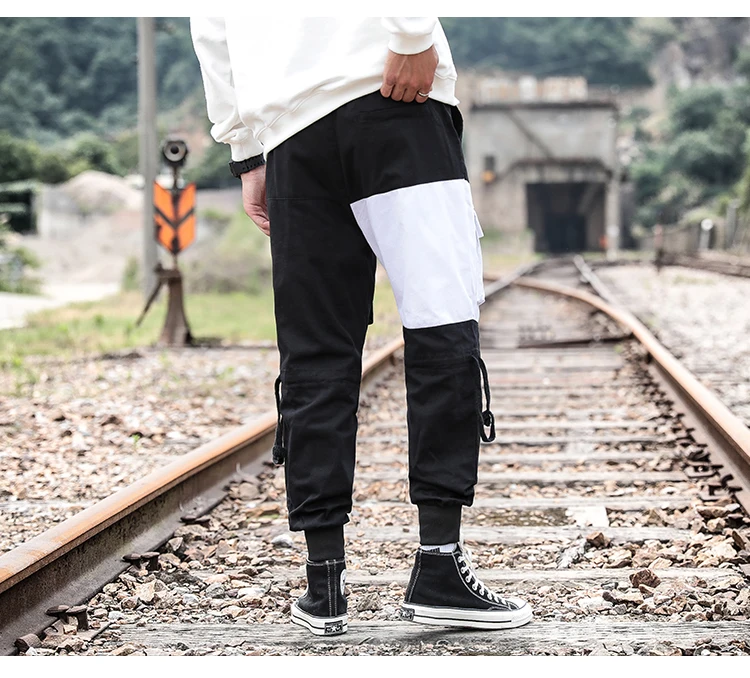 2019 осень весна камуфляжные брюки тренировочные Лоскутные штаны карго с карманами мужские черные белые хип хоп брюки с манжетами для мужчин