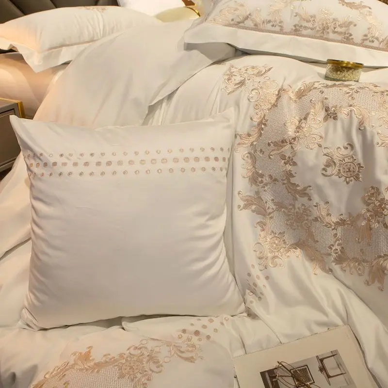 Роскошные синего цвета с вышивкой и цветочным принтом, а-ля 60ые Египетский хлопок дворец мягкий Постельное белье пододеяльник постельное белье простыня, наволочки для подушек, 4/6 шт