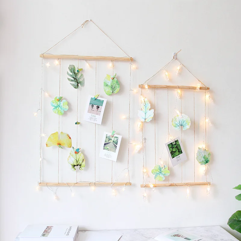 

Hanging Photo Display Macrame Wall Hanging Pictures Organizer Boho Home Decor, with 20 Wood Clips