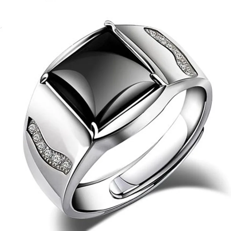 Silver-Plated Ring For Men With Black Square Flat Gel Stone Noble Resizable Кольцо anillos para hombre | Украшения и