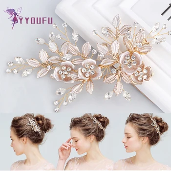 

Korean Rose Gold Bridal Headdress Luxury Crystal Flowers Rhinestone Pearl Hair Clip Hair Accessories Wedding Bridesmaid Accessor
