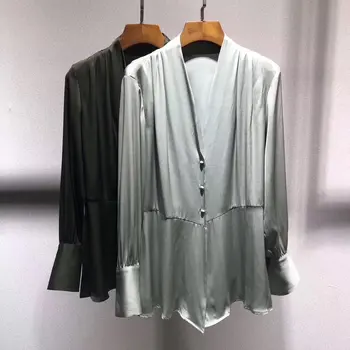 

2019 New Ladies Fashion Long Sleeve Sexy Casual Pure Color Silk Shirt 1219