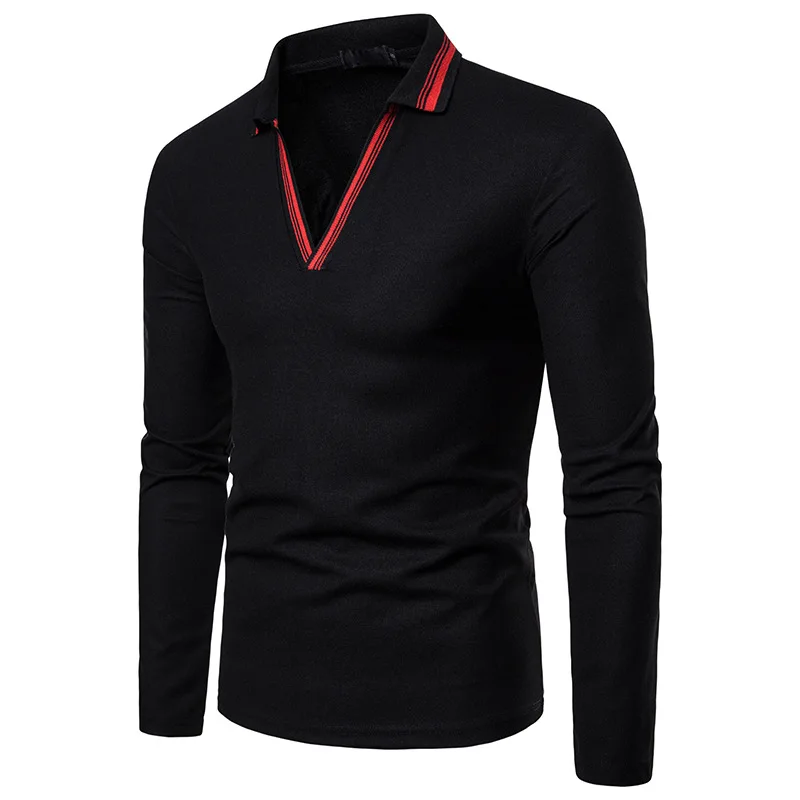 Черный Men's plus-size v-neck design lapel long-sleeved sweatshirt POLO shirt - Цвет: Черный