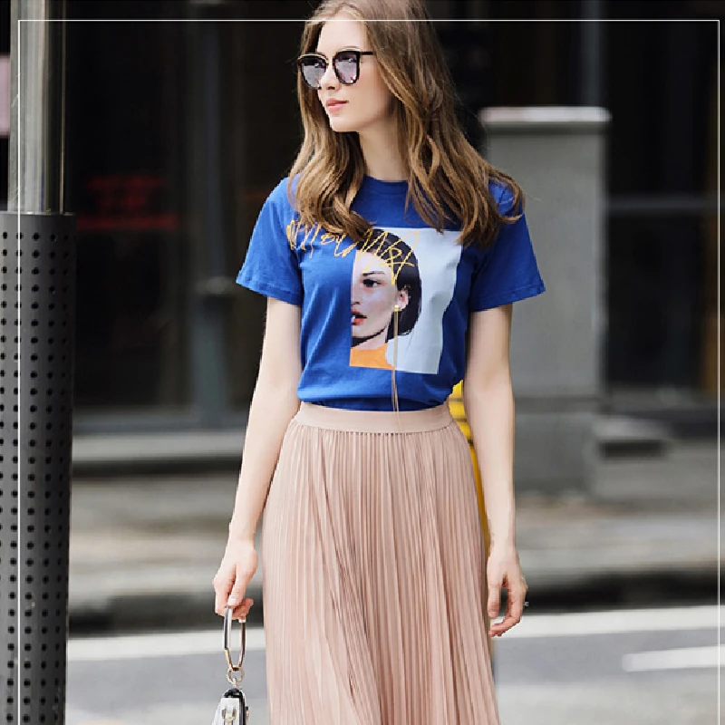 

2020 New Summer Women Cotton O-Neck Short Sleeve Slim T-shirts Female Fashion Casual Head Letter Print Street Style Tees QX48