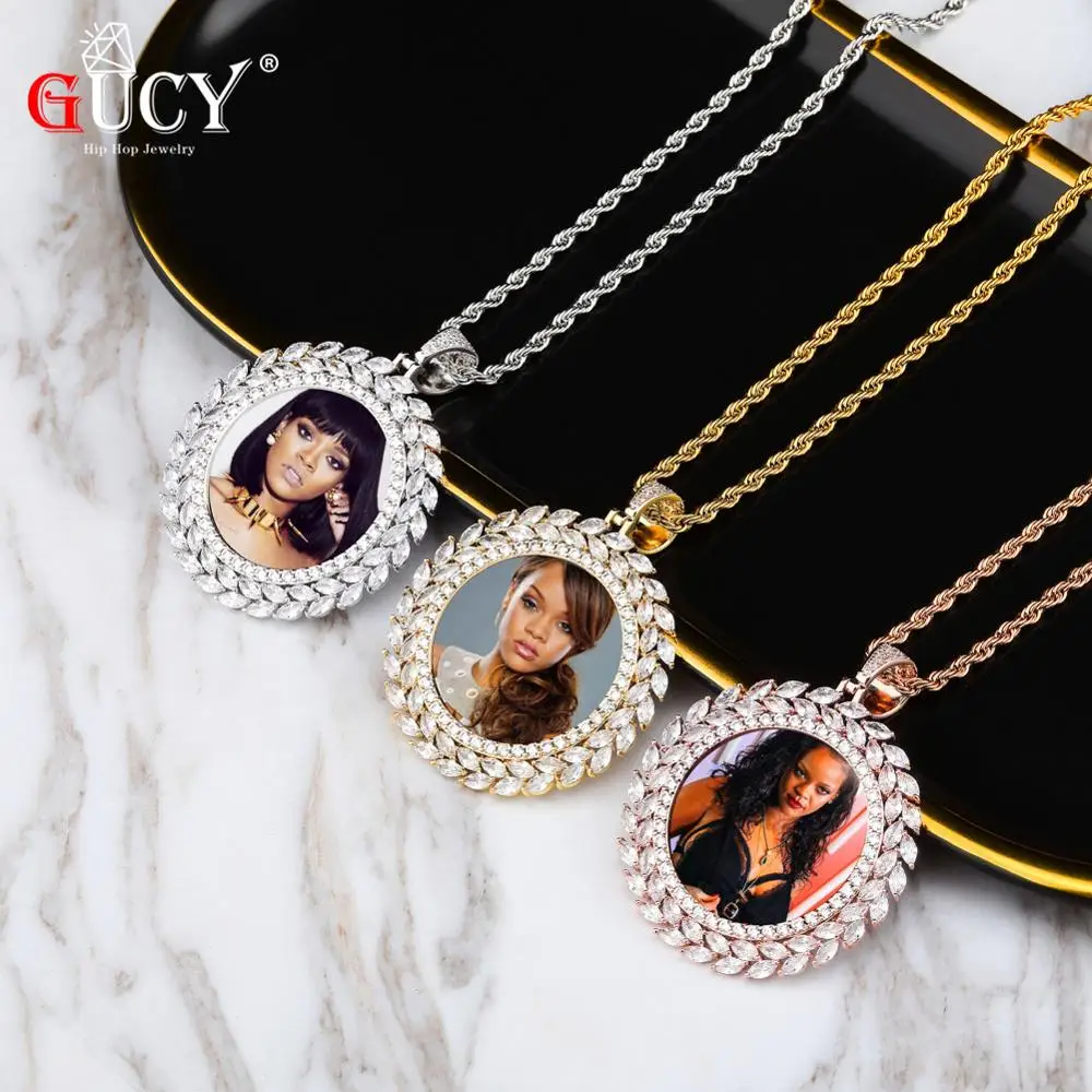 Comprar GUCY patrón de grano personalizado foto redondez sólido colgante de espalda y collar con cadena de tenis zirconia cúbica joyería de Hip hop para hombre