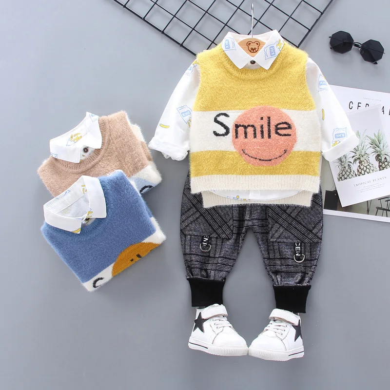 

Spring And Autumn BOY'S Mixed Colors Korean-style CHILDREN'S Suit New Style Baby Crystal Velvet Knitted Vest Plaid Pants Three-p