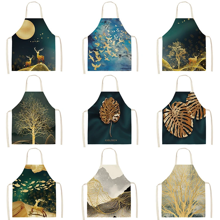 Golden Deer Butterfly Kitchen Aprons For Women Cotton Linen Bibs Household Cleaning Pinafore Home Cooking Apron 53*65cm WQL0190