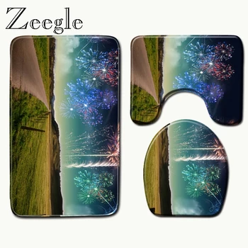 

Zeegle Scenic Printed Bath Mats Set Toilet Rugs Anti Slip Bathroom Carpet Set Home Toilet Lid Cover Shower Room Rug Floor Mats
