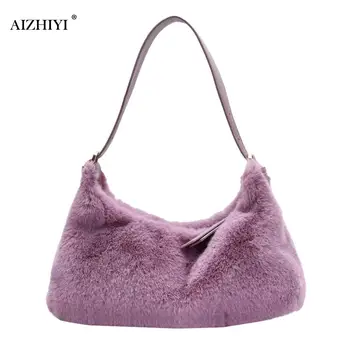 

Women Plush Tote Bag Female Solid Color Fashion Small Shoulder Bags Autumn Winter Underarm Shopping Handbag