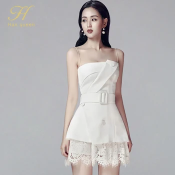 

H Han Queen Women 2020 Summer Sexy OL Work Wear 2 Pieces Set Spaghetti Strap Blouses & Lace Shorts Pants Elegant Fashion Sets