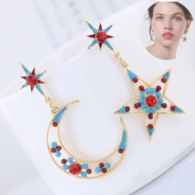 

Fashion Colorful Crystal Long Earrings Bohemian Stars Moon Dangle Earrings For Women Ethnic Party Korean Wedding Jewelry Brincos