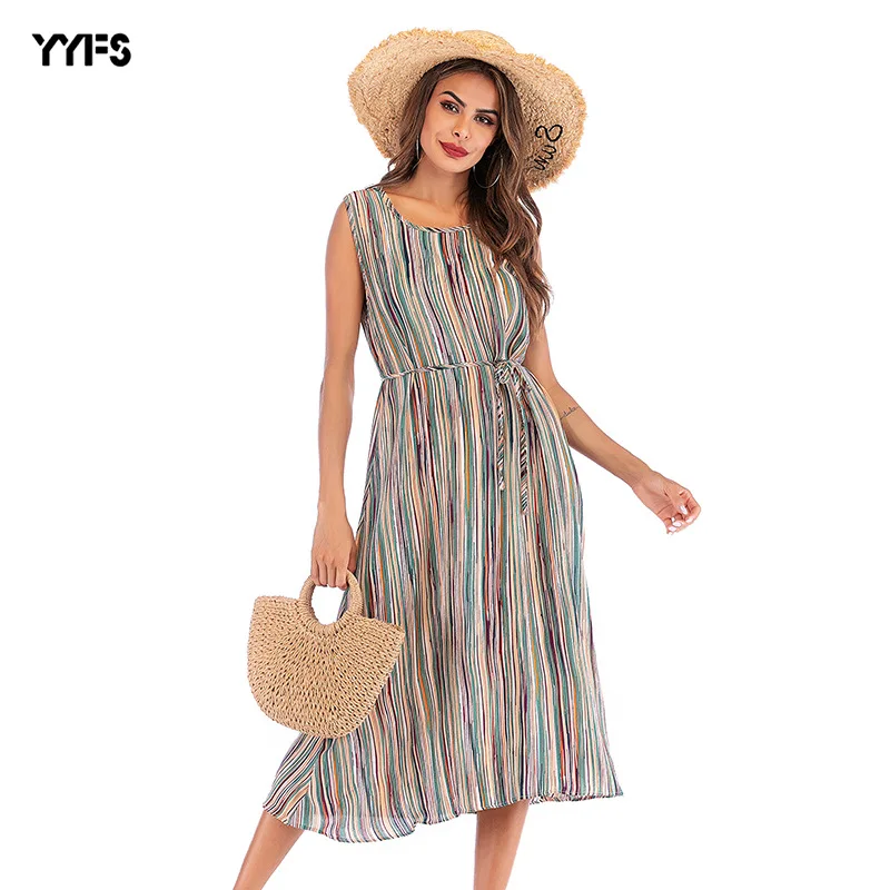 

2019 Summer New Style Europe And America Foreign Trade Hot Selling Crew Neck Sleeveless Color Stripes Printed Bandage Cloth Dres