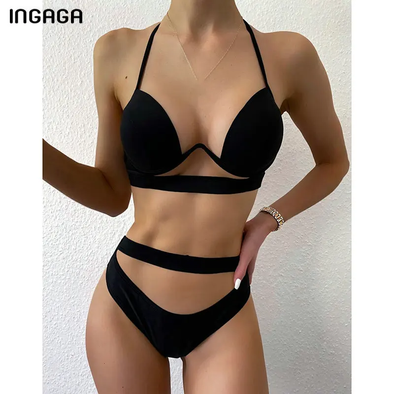 

INGAGA High Waist Bikinis Black Swimsuits Swimwear Women Push Up Biquini Cut Out Bathing Suits String Halter Beachwear 2020 New