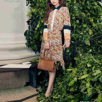 

Floral Hand-Painted 2020 Spring And Summer New Lapels Long Sleeves Single-Breasted Pleated Casual Party Shirt Midi Boho Dress