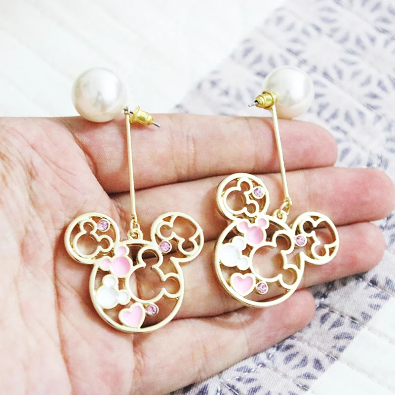 earring FENGLI золотые серьги-гвоздики с Микки Маусом для женщин, капающие масляные серьги с искусственным жемчугом вечерние серьги-гвоздики с Минни - Окраска металла: earring