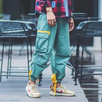 

Fashion Streetwear Punk Style Men Jogger Pants Ankle Drawstring Loose Red Green Big Pocket Cargo Pants Men Hip Hop Trousers w161