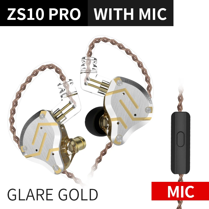 gold with mic KZ ZS10 профессиональные наушники 4BA+ 1DD гибридные наушники в ухо HIFI гарнитура DJ монитор наушники KZ ZS10PRO AS10 ZSX CCA C10 C16 - Цвет: gold with mic