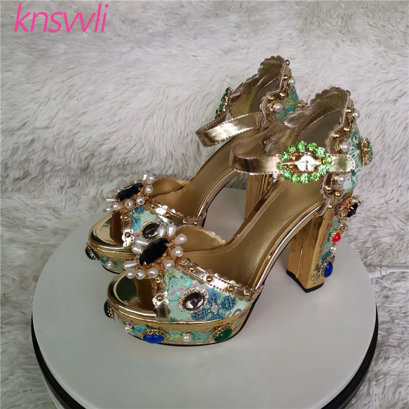 

Hot Blue Printing Platform Sandals Women Chunky Heels Peep Toe Summer Shoes Crystal Pearl Studded High Heels Sandalias Mujer