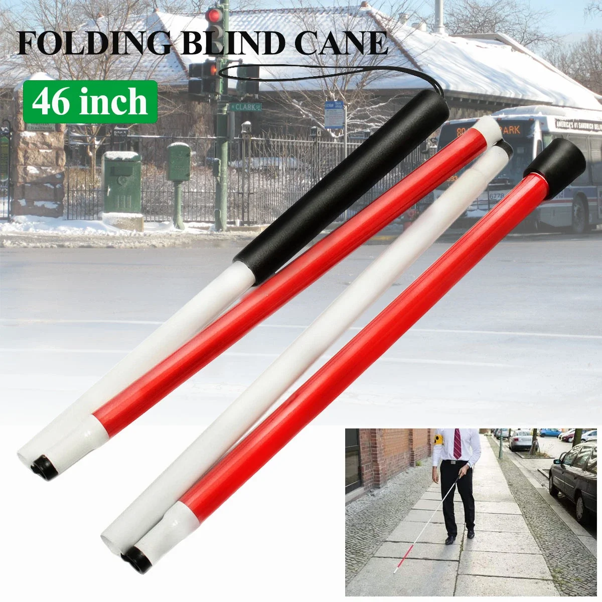 IPRee<ALIMT >®</ALIMT> 46inch 4 Sections Folding Blind Guide Cane Aluminum Walking Climbing Sticks Wrist Strap Reflector