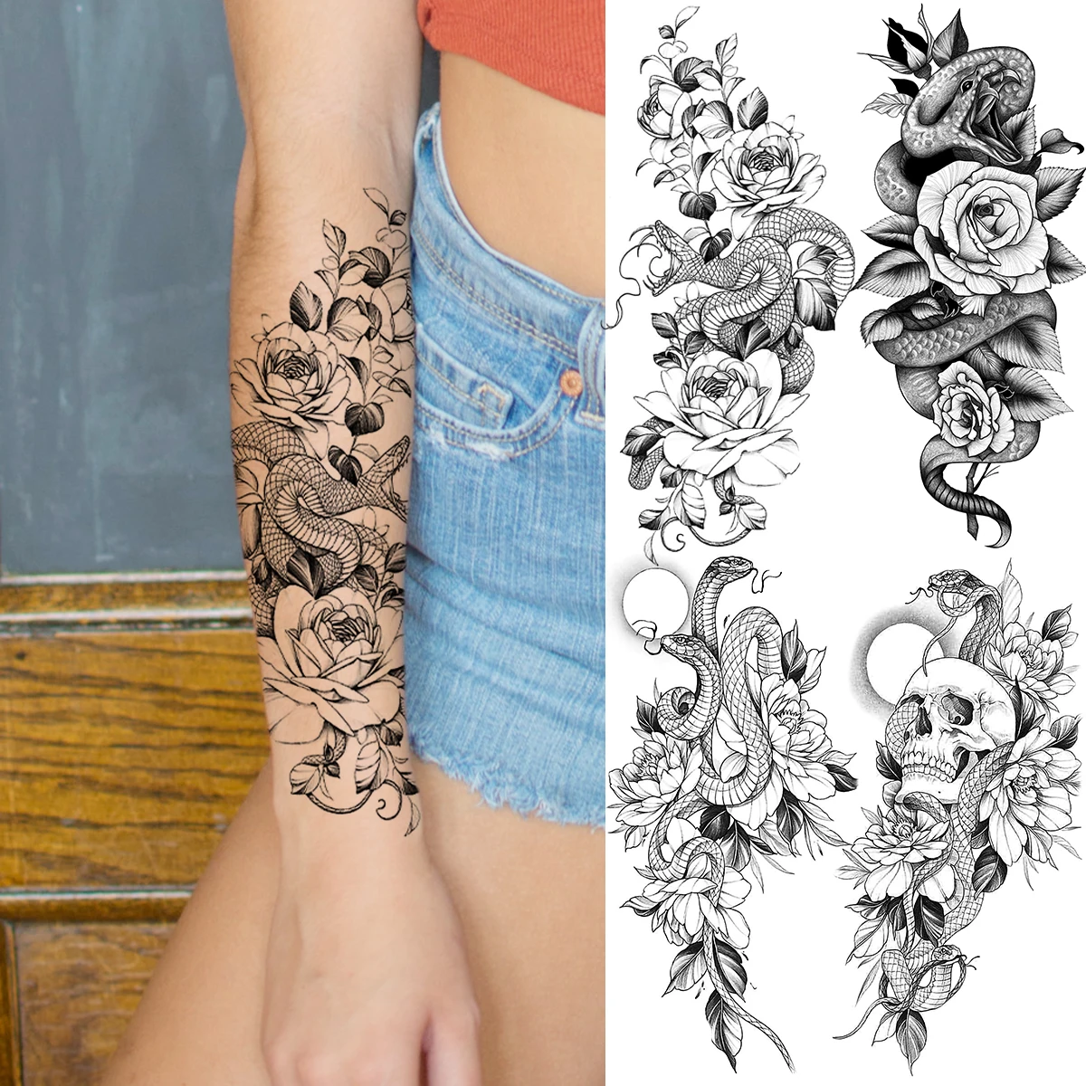 

Black Peony Snake Temporary Tattoos For Women Adult Rose Flower Serpent Skull Fake Tattoo Fashion Forearm Waterproof Tatoo Paper