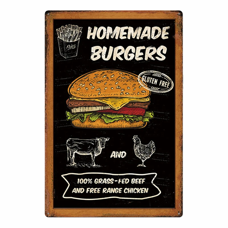CREATCABIN Targhe in Metallo per Hamburger e Patatine Fritte Targhe in Metallo Vintage retrò per Placca Poster Bar Pub Garage Fast Food Cafe Home Wall Decor 8 x 12 Pollice