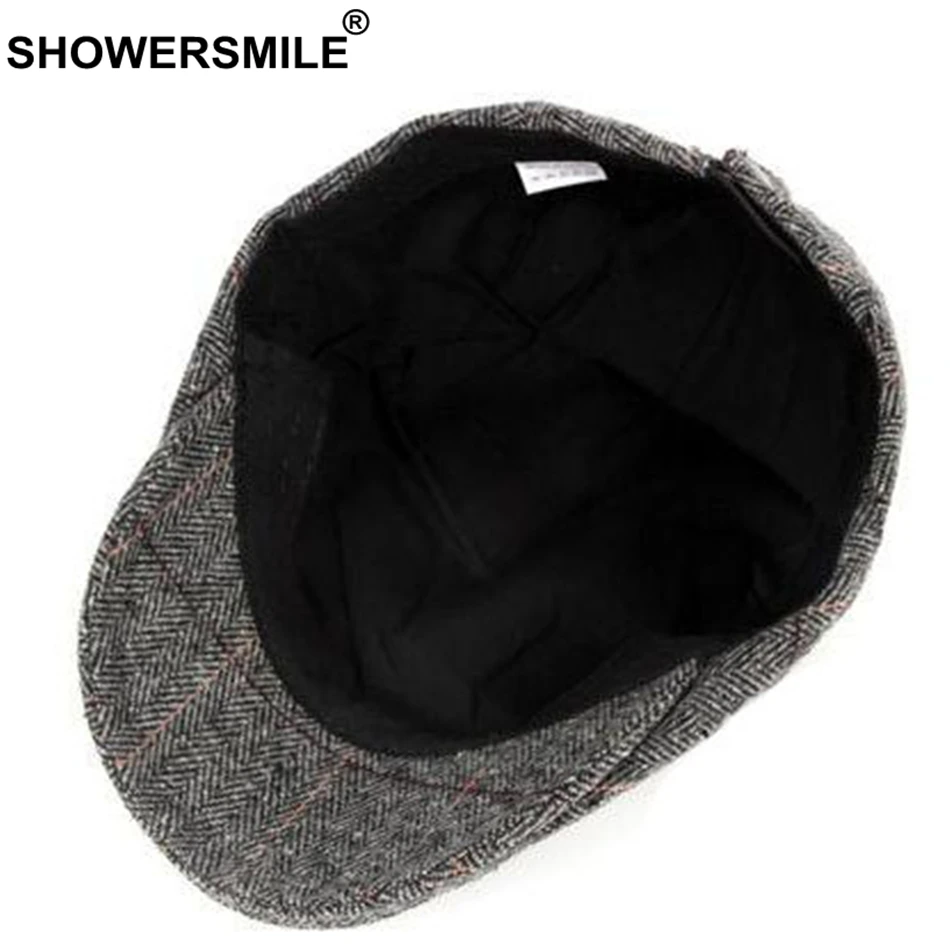 SHOWERSMILE/серая клетчатая шапка берет Мужская шерстяная твидовая с узором в елочку