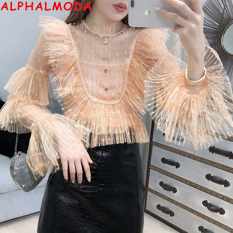 

ALPHALMODA 2019 Sexy Jacket Women New Super-fairy Bell Sleeve Chiffon Blouses Shirt + Sling Top Two Pieces Set