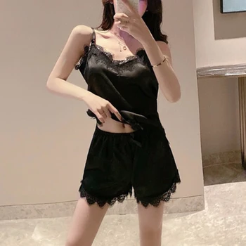 

2pcs/Set Women Satin Lace Sleepwear Ladies Lingerie Nightdress Pajamas Set JL