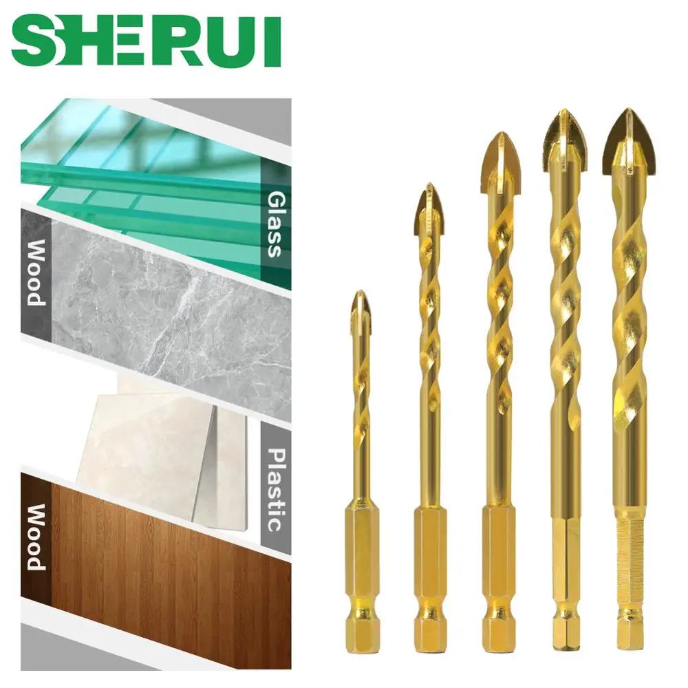 

5pcs 7mm Hex Shank Twist Glass Bits Titanium Ceramic Drilling Drill Set 4 6 8 10 12mm Tile Concrete Cross Tip Hole Bit Tile