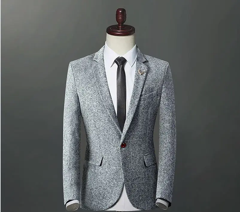 MOGU Stylish New Men's Jacket Suit Fashion Men's Single Button Silm Jacket Turn-down Collar Solid Casual Blazer Pl - Цвет: Серый