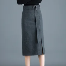 Осень и зима Новое поступление Женская юбка средней длины с разрезом спереди и высокой талией Однотонная юбка с поясом