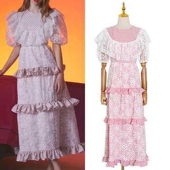 

Summer Women's Fashion Slim Round Neck Short Lantern Sleeve Ruffle Stitching Striped Dress