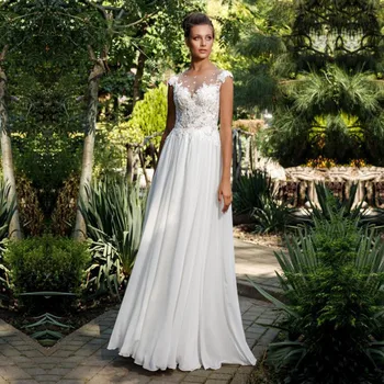 

Spring Lace Appliques Top Wedding Dress Buttons Back Sweep Train Long Beach Bridal Gowns Spring 2020 Beach Simple Robe De Mariee