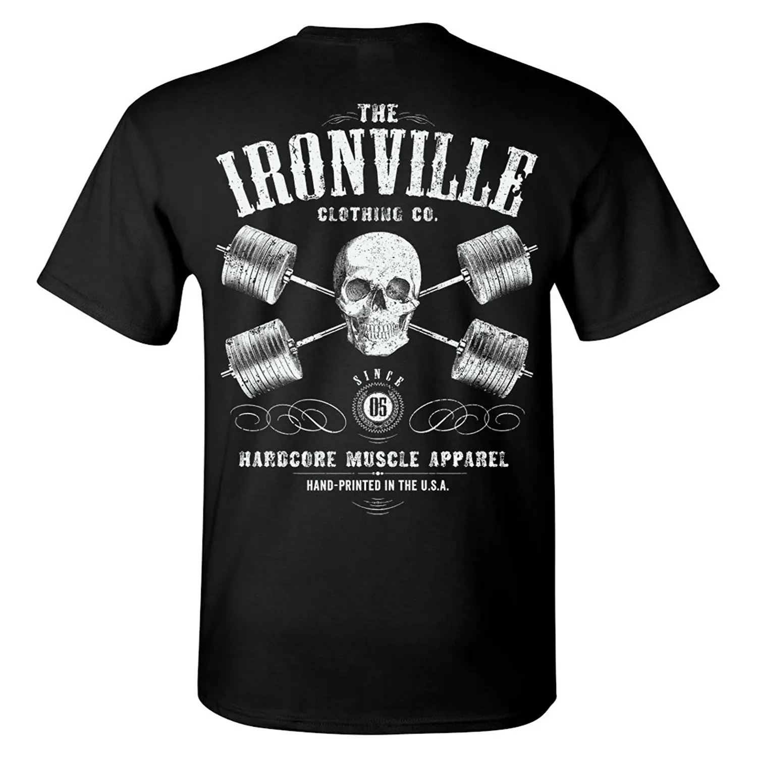 

Short Sleeve Funny Design Ironville Heavy Iron Outlaw Skull Barbells Powerlifting T Shirt