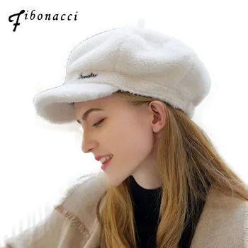 

Fibonacci Autumn Winter High Quality Beret Hat Sheep Shearing Wool Solid Color Newsboy Female Cap For Women Berets