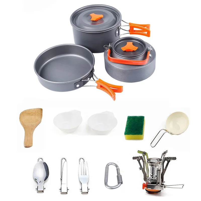 

Portable Outdoor Camping Cookware Camping Hiking Picnic Teapot Pot Set Non-Stick Tableware With Stove Spoon Fork Knife Kettle