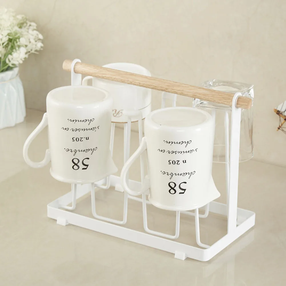 Dustproof With 6 Hook Hanging Cup Holder Storage Coffee Cups Stand Organizer Wood Drain Mug Rack Metal Storage Rack Drain Hanger