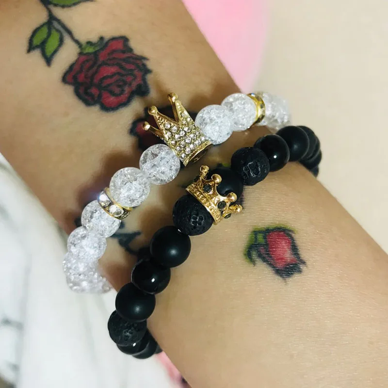 

Classic Royal Pave Cubic Zirconia Crown Couple Bracelet Sets White & Black Stone Beaded Charm Bracelet For Men Women Jewelry