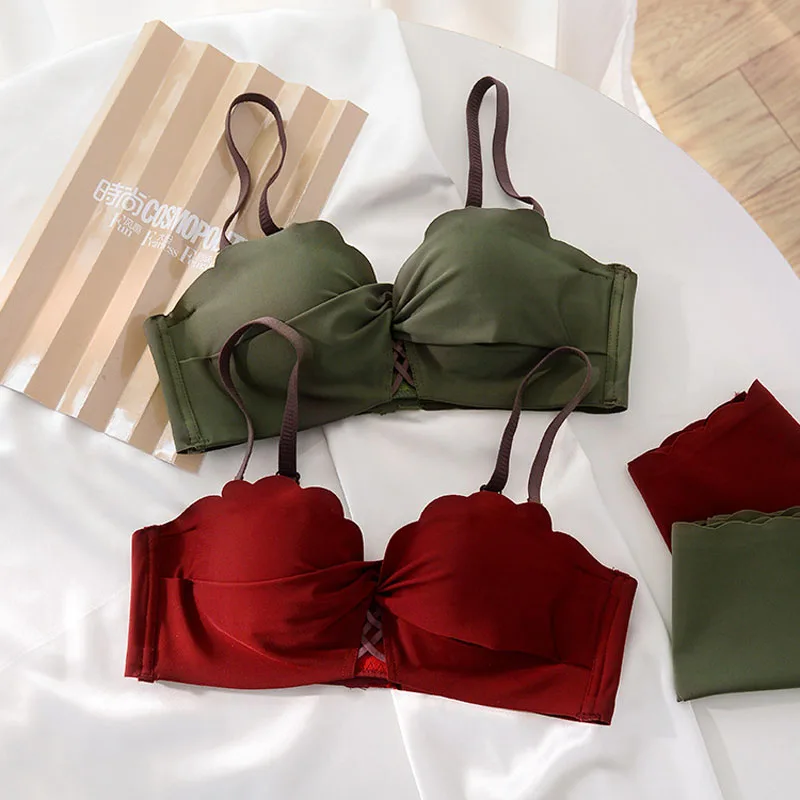 

Wasteheart Red Women Fashion Sexy Lingerie Lace Invisible Straps Bralette Wireless Cotton Panties Push Up Underwear Bra Sets A B