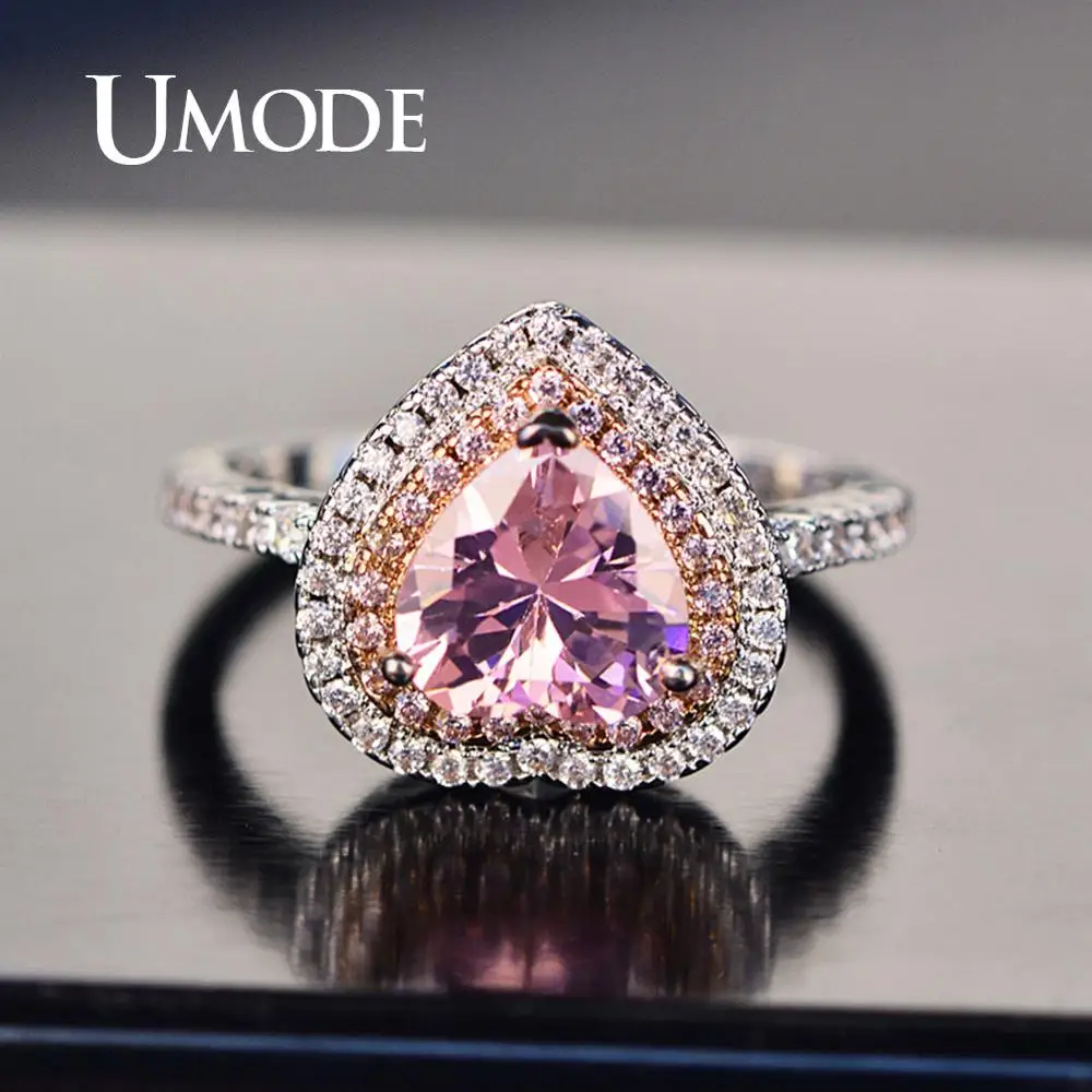 UMODE кольца с розовым сердцем для женщин, роскошные винтажные Свадебные кольца с кристаллами для помолвки, кольцо с кубическим цирконием, Женские аксессуары UR0568