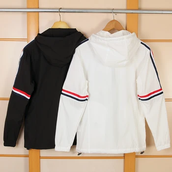

Thom brand hooded Tb jacket men fashion striped contrast color windbreaker coat male spring sport casual jacket with nood ins