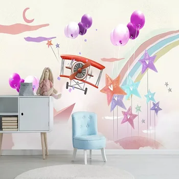 

Custom large mural 3D wallpaperNordic modern cartoon rainbow airplane stars bedroom mural TV back wall decor deep 5D embossed