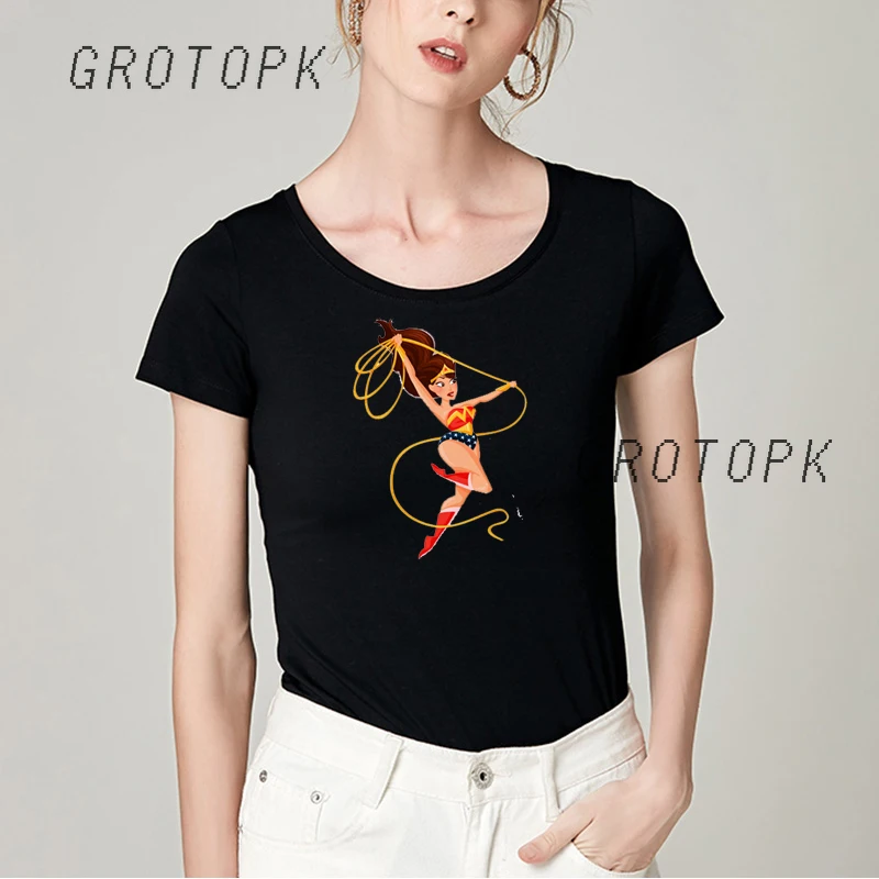 GROTOPK аниме Wonder Woman Футболка с принтом для женщин Супермена черные топы С Короткими