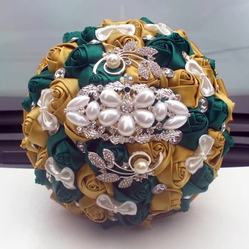 

WifeLai-A Golden with Emerald Green Artificial Rose Bride Bouquet with Diamond Ribbon Wedding Bouquet Decoration Flowers W2913